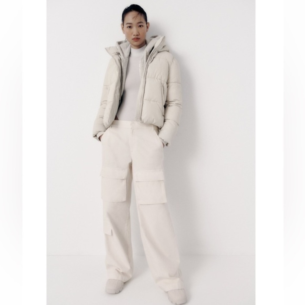 New Zara | Off White Full Length Highrise Loose Cotton Cargo Pants Size Small